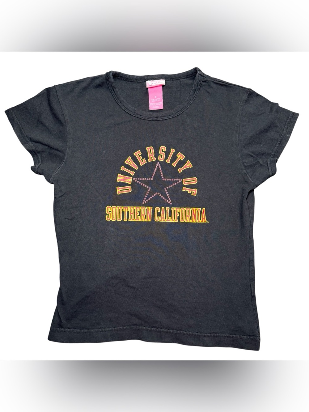 Vintage Y2K USC Trojans Baby Tee Black Glitter Star Graphic Coed Small